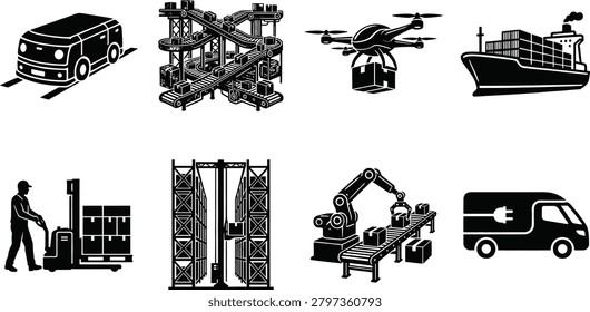 A collection of detailed black silhouettes representing modern supply chain technology, including automated guided vehicles, conveyor systems, delivery drones, cargo ships, forklifts, robotic arms, and electric delivery vans. This industrial graphic set from image_9f2c0c.png is ideal for freight forwarding websites, e-commerce shipping materials, and warehouse logistics presentation designs.