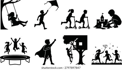 A collection of detailed black vector silhouettes showcasing various kids summer activities and outdoor games in image_4dc677.png. The set features children playing on a swing, flying a kite, riding scooters, building a sandcastle, jumping on a trampoline, dressing up as a superhero, climbing a treehouse, and catching butterflies.