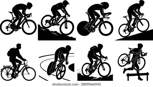 A collection of detailed black vector silhouettes showcasing different competitive cycling disciplines, races, and outdoor bicycle recreation on a solid white background. This clean icon set includes symbols for road racing, mountain biking down rocky terrain, triathlon time trials, uphill climbing, city commuting, velodrome track cycling, gravel cross country, and cyclocross hurdling.