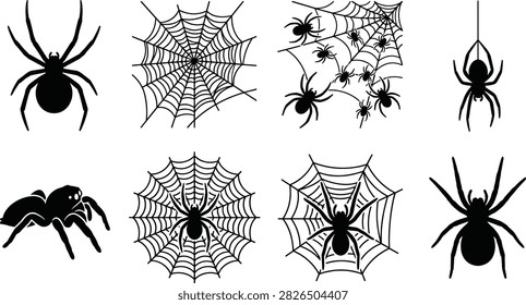 A collection of detailed black vector silhouettes featuring various spiders and cobwebs, including a tarantula, jumping spider, spider hanging from a thread, swarm of small spiders, and intricate web patterns. Ideal for Halloween decorations, party invitations, laser cutting, stickers, t-shirt prints, and spooky vector graphics.