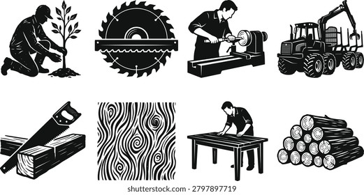 A collection of detailed black and white vector illustrations depicting the forestry and wood processing lifecycle, including tree planting, circular saw blades, lathe turning, logging machinery, hand sawing, wood grain patterns, table manufacturing, and log piles. Perfect for carpenter workshops, logging companies, furniture manufacturing branding, and hardware store promotions.