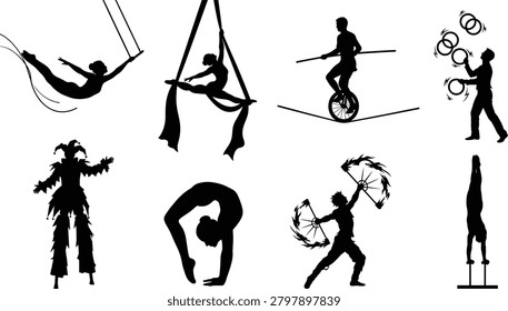 A collection of detailed black and white vector silhouette illustrations showcasing iconic circus acts, gymnastic acrobatics, and street performances. Perfect for entertainment event branding, circus festival flyers, athletic group graphics, and theatrical show promotion materials.