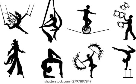 A collection of detailed black and white vector silhouette illustrations showcasing various circus acts, gymnastic acrobatics, and street performances. Ideal for entertainment events branding, circus festival flyers, athletic club graphics, and show promotion materials.