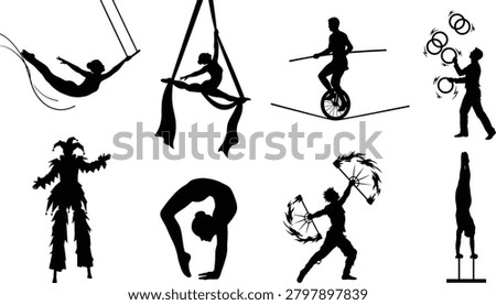 A collection of detailed black and white vector silhouette illustrations showcasing iconic circus acts, gymnastic acrobatics, and street performances. Perfect for entertainment event branding, circus festival flyers, athletic group graphics, and theatrical show promotion materials.