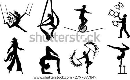 A collection of detailed black and white vector silhouette illustrations showcasing various circus acts, gymnastic acrobatics, and street performances. Ideal for entertainment events branding, circus festival flyers, athletic club graphics, and show promotion materials.