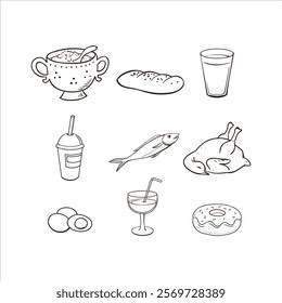 Collection of detailed black-and-white illustrations of diverse food items and drinks, ideal for culinary designs. line art rice, bread, milk, fish, egg broiler, donut