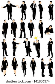 Collection of detailed caucasian business people silhouettes talking, walking and gesticulating different expressions - vector illustration