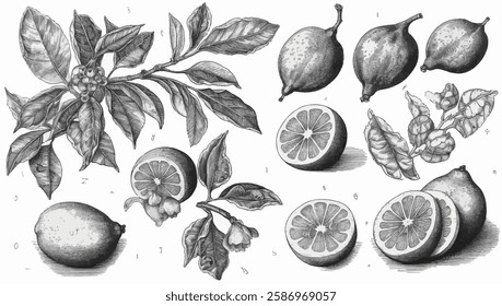 Collection of detailed citrus fruit illustrations, showcasing various types of oranges and lemons.