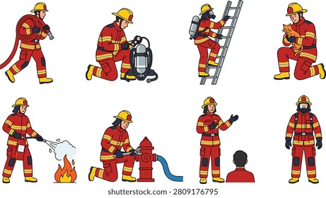 Collection of detailed firefighter illustrations performing emergency response tasks including hose handling, ladder climbing, breathing apparatus preparation, fire suppression, hydrant operation, rescue, and public safety. Perfect for fire safety education, emergency services, training materials, websites, and awareness campaigns.