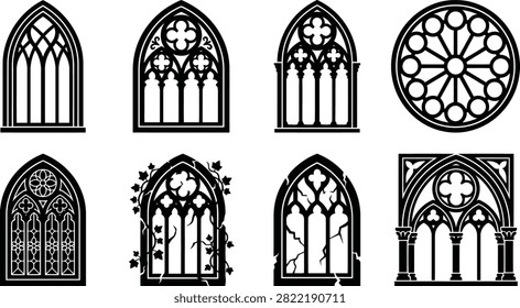 Collection of detailed gothic window vector graphics featuring intricate stonework and decorative elements for architectural design or historical themes.