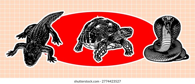 A collection of detailed hand-drawn illustrations featuring a crocodile, a tortoise, and a cobra snake, arranged on a red oval against a grid background.