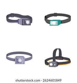 Collection of detailed headlamp illustrations for camping and outdoor activities isolated on white