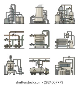 Collection of detailed illustrations depicting various industrial plant equipment and machinery components