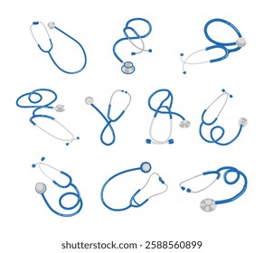 A collection of detailed illustrations featuring medical stethoscopes in various styles and angles. For healthcare-themed designs, medical and educational materials, and health-related projects.