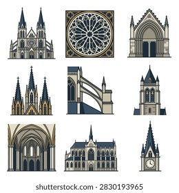 A collection of detailed illustrations showcasing various elements of Gothic architecture including cathedrals, rose windows, and flying buttresses.