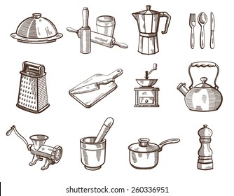 Collection of detailed kitchen utensils on a white background. Vector sketches