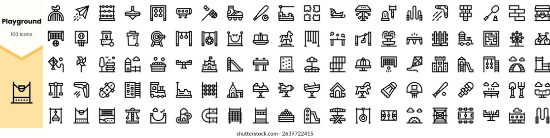 A collection of detailed line icons representing various playground equipment, suitable for children's play areas and outdoor activities.