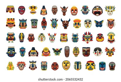 Collection of detailed masks of different nationalities. Ritual and carnival masks.