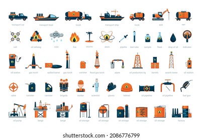 Collection of detailed objects of the oil industry. Isolated icons on a white background.