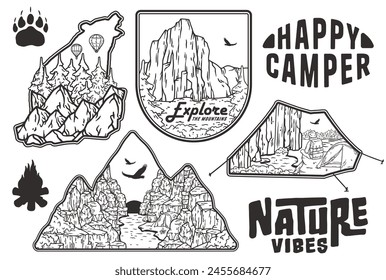 Collection of detailed outdoors adventure stickers, featuring mountains, wildlife, camping gear, and inspirational nature quotes, all within unique frame shapes suitable for wilderness enthusiasts.