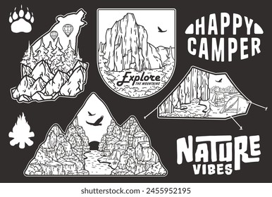 Collection of detailed outdoors adventure stickers, featuring mountains, wildlife, camping gear, and inspirational nature quotes, all within unique frame shapes suitable for wilderness enthusiasts.