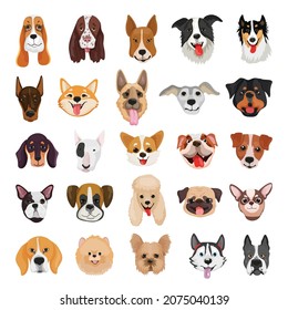 Collection of detailed purebred dogs. Funny dog avatars isolated on white background.