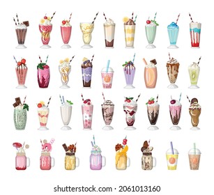 Collection of detailed realistic mouth-watering milkshakes. Sweet cocktails with fruits and berries.