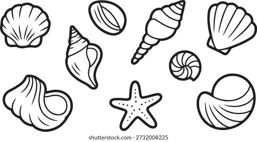 Collection of Detailed Seashell and Starfish Vector Line Art