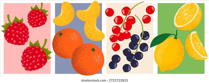 Sammlung detaillierter Vektorgrafiken mit Himbeeren, Tangerinen, Clementinen, Zitronen sowie roten und schwarzen Johannisbeeren im dekorativen botanischen Vintage-Stil. Handgezeichnete, inspirierte Fruchtelemente mit antiker Gravur-Optik, ideal für Verpackungen, Etiketten, Branding, Küchendekoration, Textilien, Plakate und organische oder handwerkliche Designprojekte.
