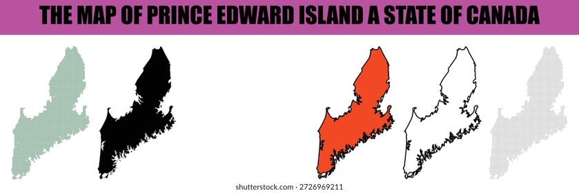 Uma coleção de ilustrações vetoriais detalhadas apresenta cinco estilos gráficos diferentes do mapa da Ilha do Príncipe Eduardo uma bela província canadense As variações incluem preto sólido, laranja vibrante, preenchimento de contorno preto preciso e dois padrões pontilhados distintos, todos definidos sobre um fundo branco limpo com um texto de banner roxo proeminente