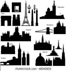 Collection of Detailed vector silhouettes of European famous monuments