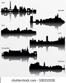 Collection of Detailed vector silhouettes of French cities