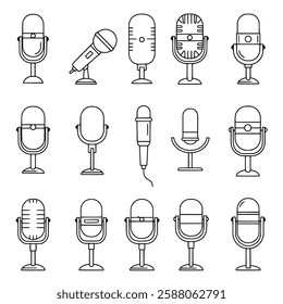 Collection of detailed vintage and modern microphones in vector format, ideal for podcast logos, music industry designs, recording studio branding, radio show graphics, and broadcasting promotions