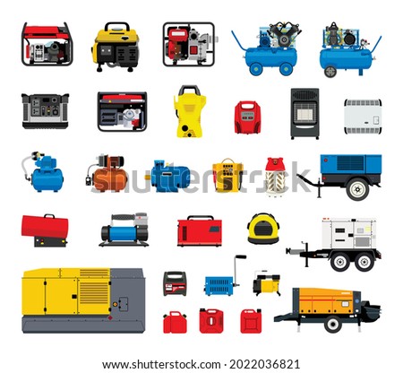 Collection of detalized construction equipment. Set of generators and compressors.