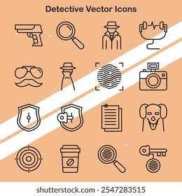 Collection of detective icons depicting investigation and mystery elements perfect for crime and thriller themes.