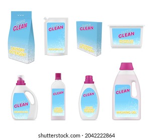 Collection detergent powder, gel, capsules and liquid packaging realistic vector illustration. Set of laundry chemical supplies label branding for washing and cleaning housekeeping isolated on white