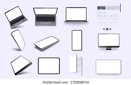 A collection of device at different angles. Vector illustration mockups. Collection mobile devices isolated on white background. Smartphone, laptop, tablet, tv perspective view. Rotated position.UI/UX