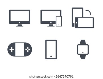 A collection of device glyph icons. Icons containing monitors, smartphones, and consoles.
