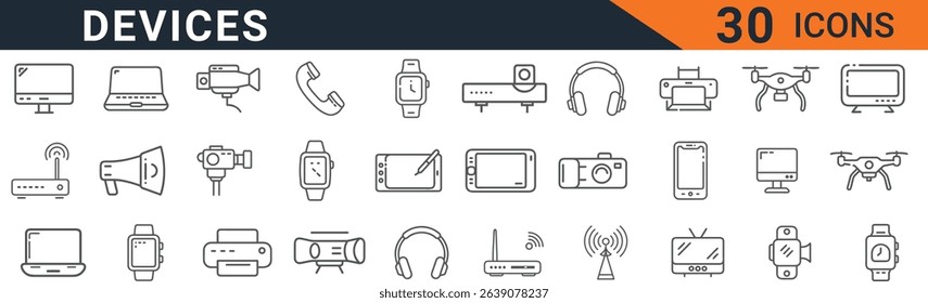 a collection of device icons in line style. perfect for illustrating technology concepts, electronic gadgets, and modern communication. vector set for web design and presentations. exactly icons shown