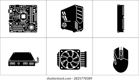 Collection of devices computer hardware motherboards and peripheral electronics icons