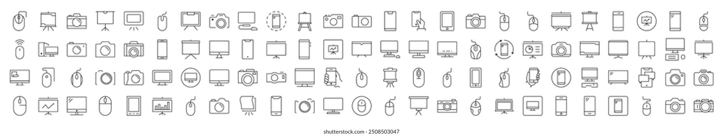 Colección de los iconos de línea relacionados con dispositivos. Trazo Editable para Diseño, Sitios web, App, Tarjetas. Contiene Imágenes lineales de teléfono, cámara fotográfica, ratón de computadora y PC