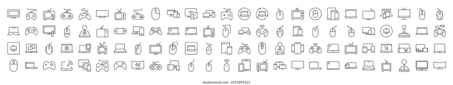 Collection of Devices Related Line Icons. Editable Stroke for Design, Web Sites, Apps, Cards. Contains Linear Images of Computer, Mouse, Joystick, TV