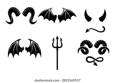 Collection of devil horns, bat wings, and trident, satanic symbols, hellish vector graphics.