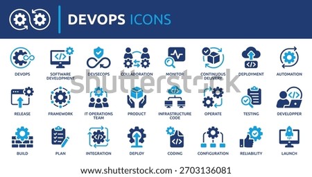 Collection of DevOps icons, containing automation, plan, development, integration, testing, DevSecOps, continuous delivery, infrastructure and operations. Vector solid icon set.