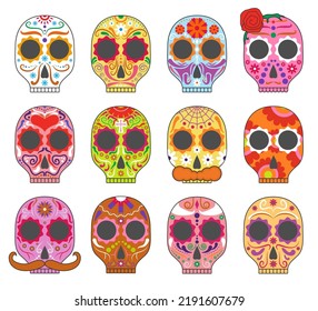 Collection of Dia De Los Muertos Day of The Death Mexican culture holiday celebration of 12 attractive skull or cadaver designs with patterns eps10 vector