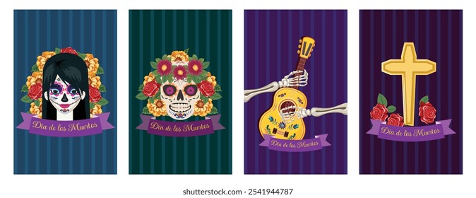 Collection of Dia de los Muertos cards featuring painted womans face, skulls, guitar, crosses, and marigold flowers