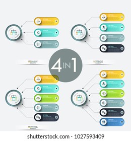 Sammlung von Diagrammen mit Hauptkreis verbunden mit abgerundeten Elementen mit dünnen Linien Piktogramme und Platz für Text innen. Farbige Infografik-Design-Vorlagen. Vektorgrafik zur Präsentation.