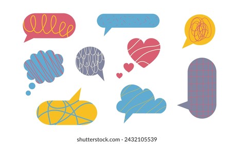 Collection of dialogue cloud templates with squiggles. Empty round, cloudy chats with hand drawing waves, scribble, doodle lines. Vector