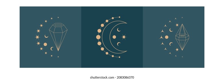collection of diamond and crescent monoline logo in boho style