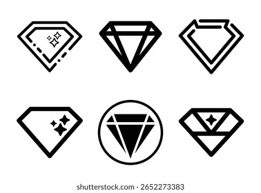 Collection of Diamond Icons in Black and White Depicting Various Designs, Styles, and Artistic Representations of the Gemstone